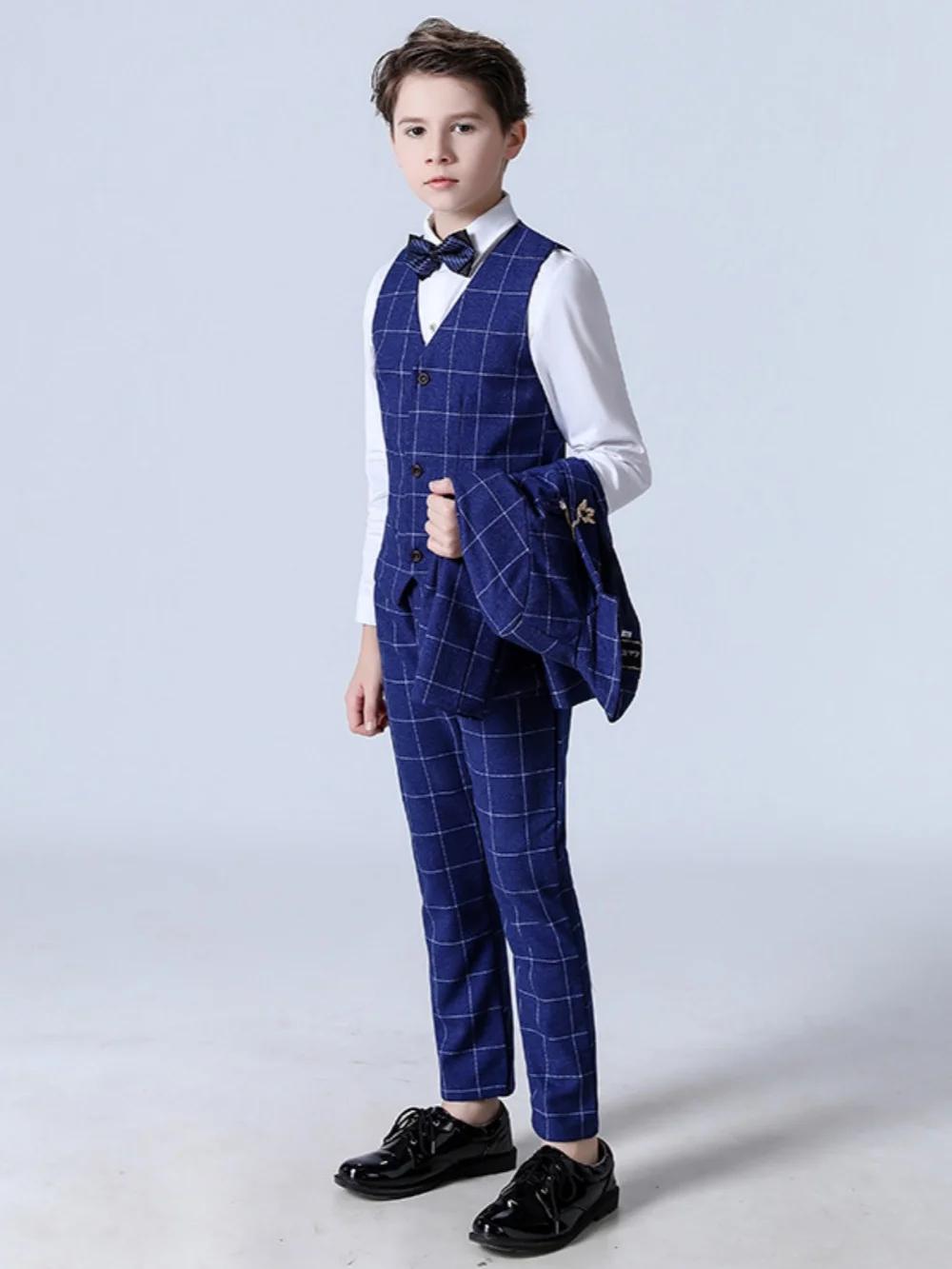 Ensemble de costume à carreaux bleu élégant, 5 pièces, tenue de spectacle de Piano, beaux garçons in