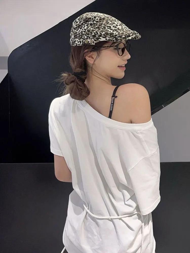 White 100% Cotton Y2k Vintage Oversize Off shoulder Short sleeve T shirt With Print Women Casual Sum