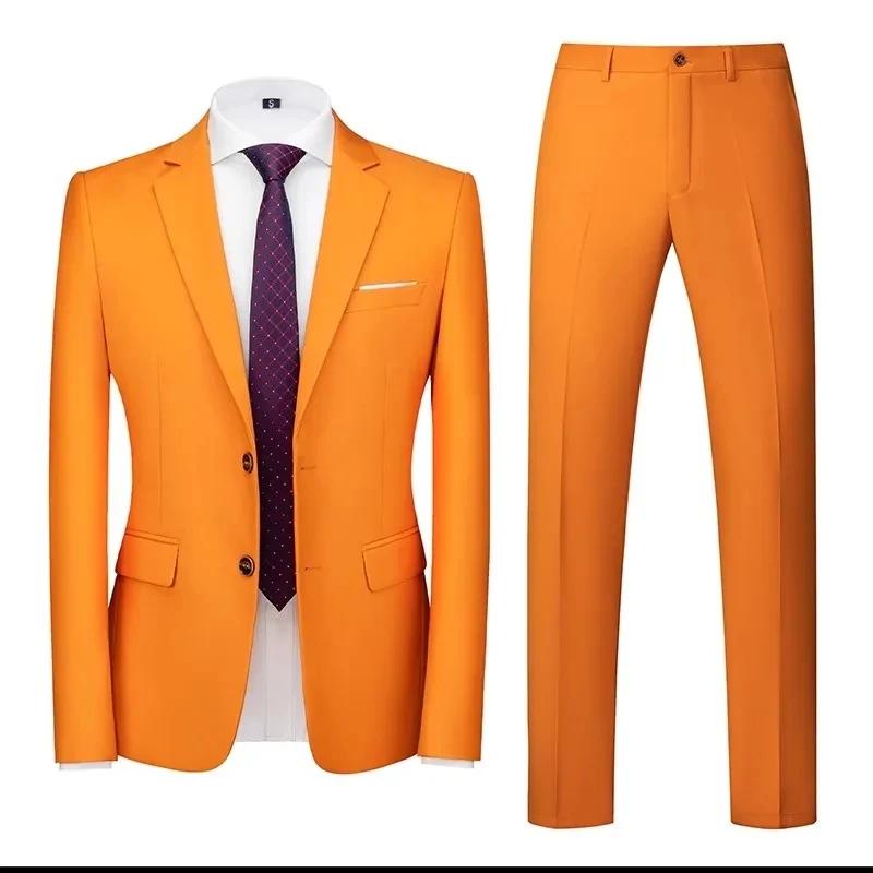 Veste de costume deux pièces Orange pour hommes, taille asiatique, coupe cintrée avec pantalon, ense