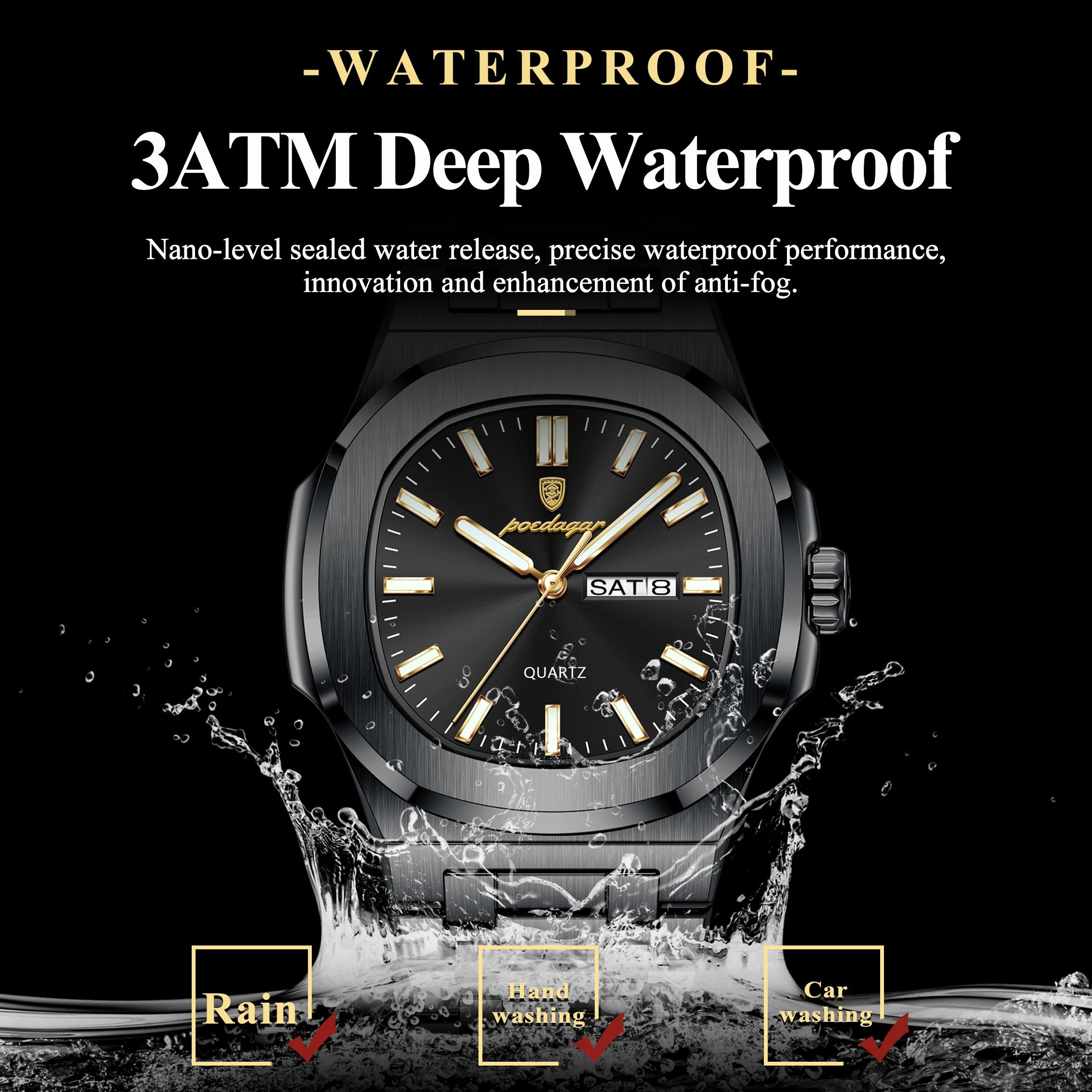 POEDAGAR luxe carré hommes montres étanche lumineux Date semaine hommes montre en acier inoxydable m