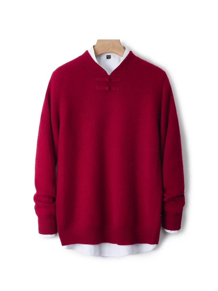 Nouveaux hommes 100% laine mérinos pull manches longues col montant pull cachemire doux disque boucl