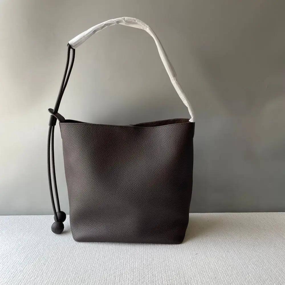 Sac seau en cuir de vachette première couche, style décontracté haut de gamme, sac à main en cuir vé