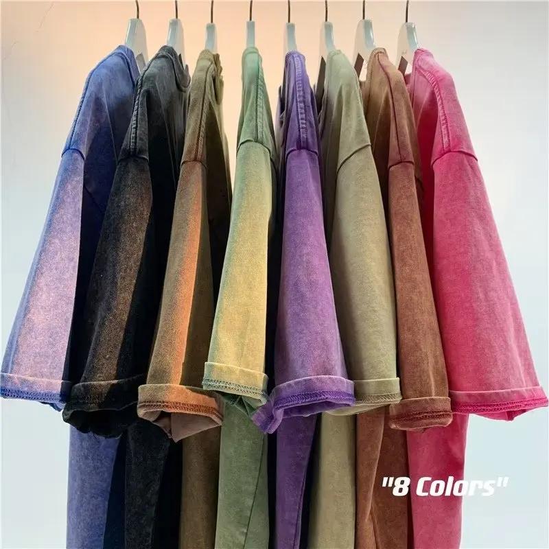Style américain rétro lourd couleur unie à manches courtes T-shirt hommes femmes été rue à la mode l