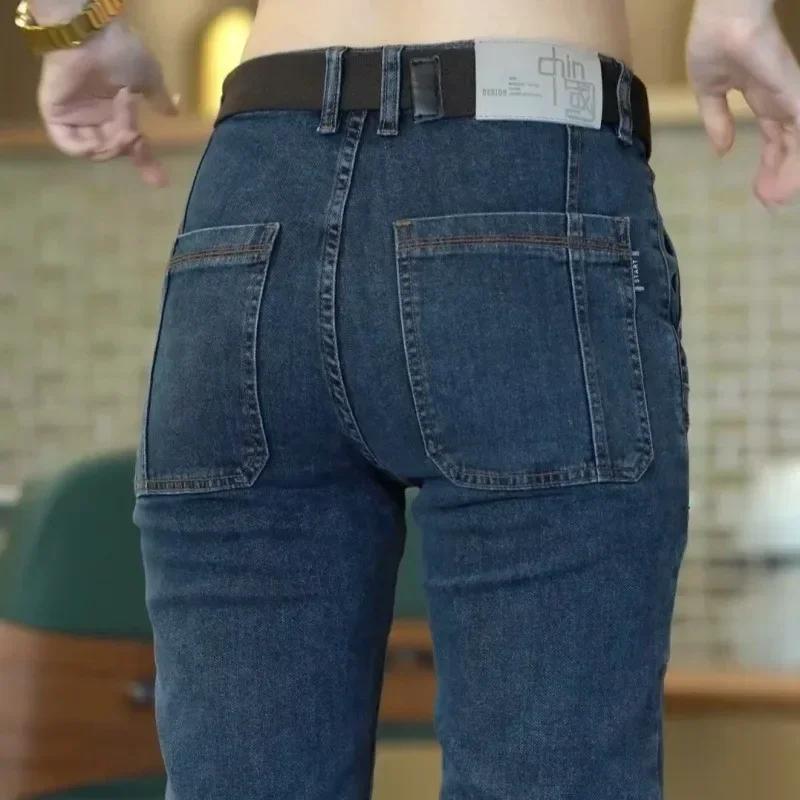 Jeans pour homme à six poches, fins, pour le printemps et l'été, coupe droite élastique, décontracté