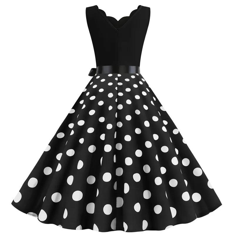 Femmes rétro robes d'été 50s 60s sans manches col en v à pois nœud boule cultivé fête Robe d'été Rob