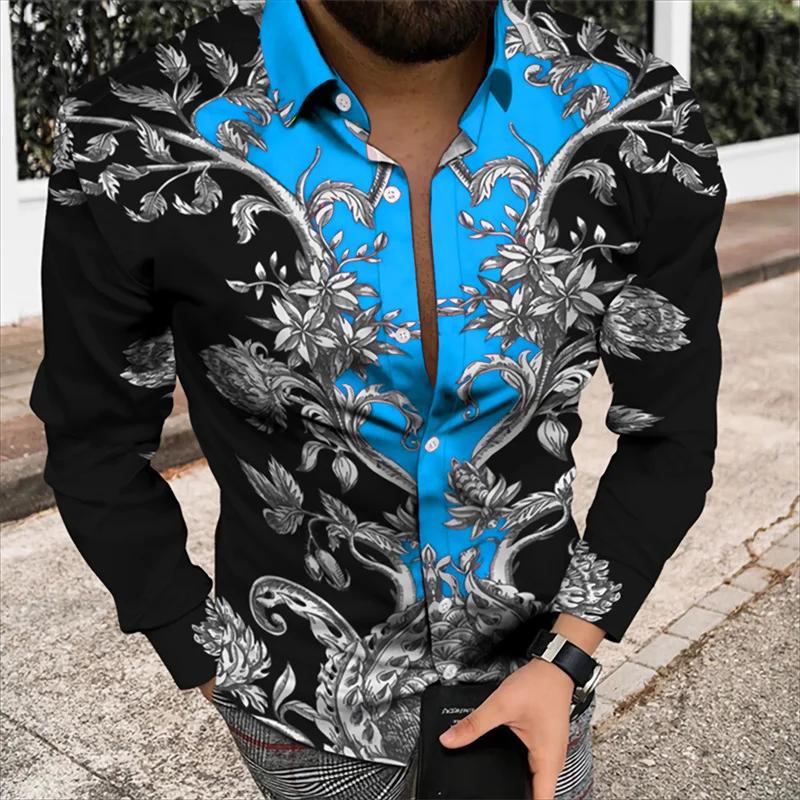 Chemise à manches longues à motif floral pour hommes, chemise imprimée en 3D, costume à revers, robe