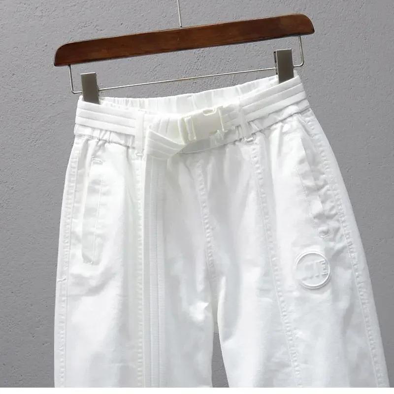 Pantalon blanc pour femmes avec ceinture élastique, jogging ample et décontracté, Leggings longueur 