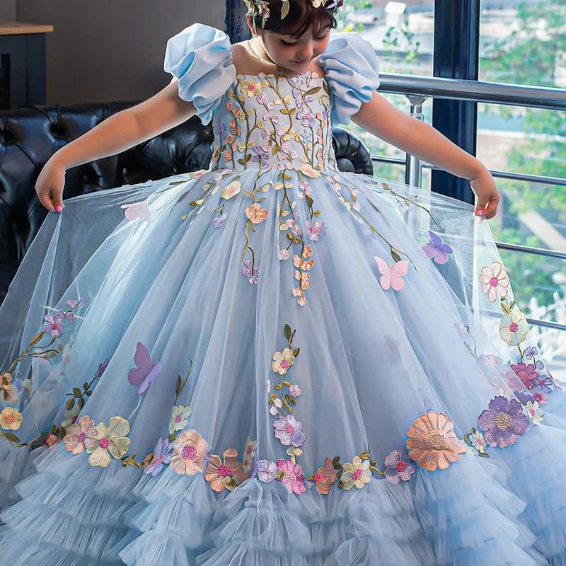 Robe de soirée bleue pour filles, robe de princesse en tulle longue pour l'Aïd, tenue de performance