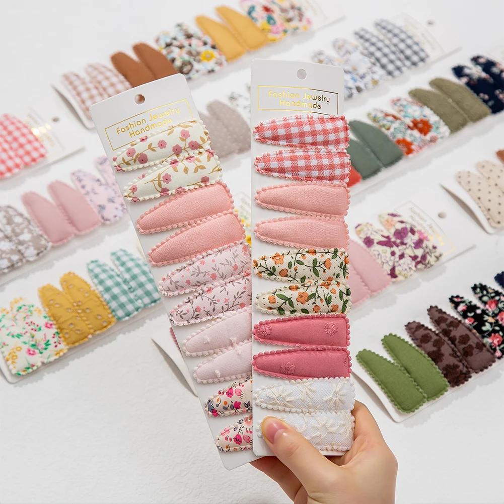 10 pièces/lot Ins 6cm fleur imprimé coton alliage cheveux arc Snap Clips ensemble tissu Plaid Bobby 