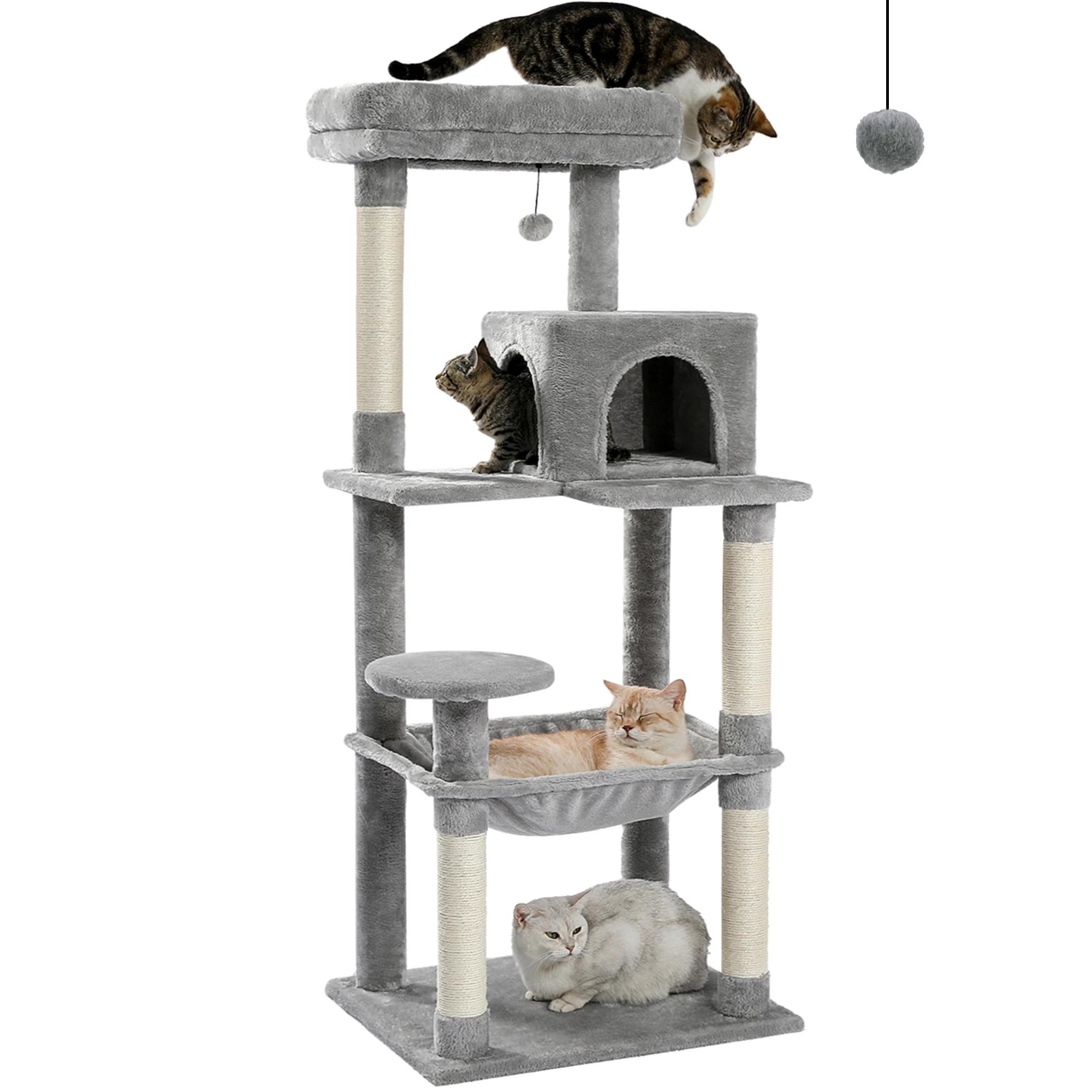 Arbre à chat pour chats d'intérieur, tour à chat à 5 niveaux pour grands chats avec grand hamac, pot