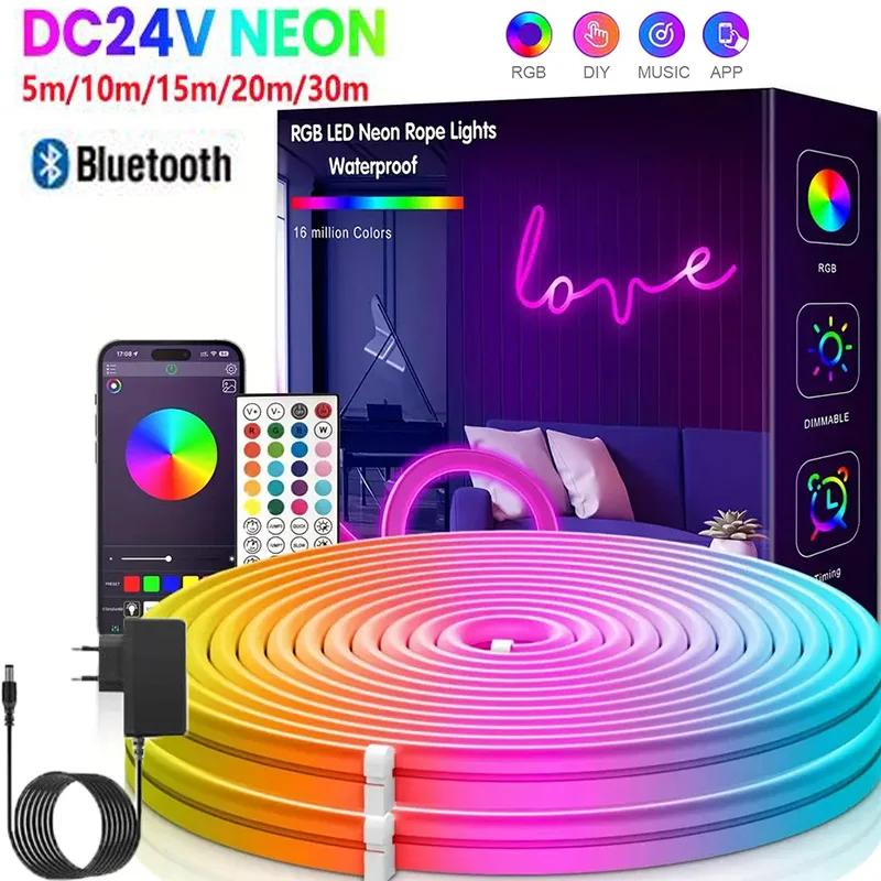 Bande LED néon RGB 3535 DC24V avec prise EU, 5/10/15/20/30M, synchronisation musicale Bluetooth, éta