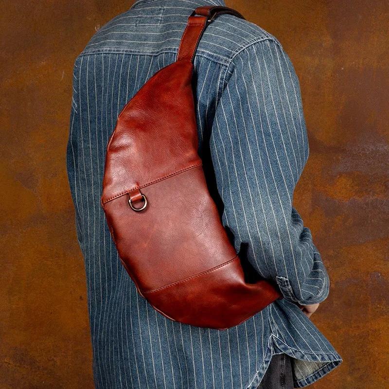 Sac de poitrine en cuir véritable fait à la main, sac à bandoulière décontracté, sac à bandoulière s
