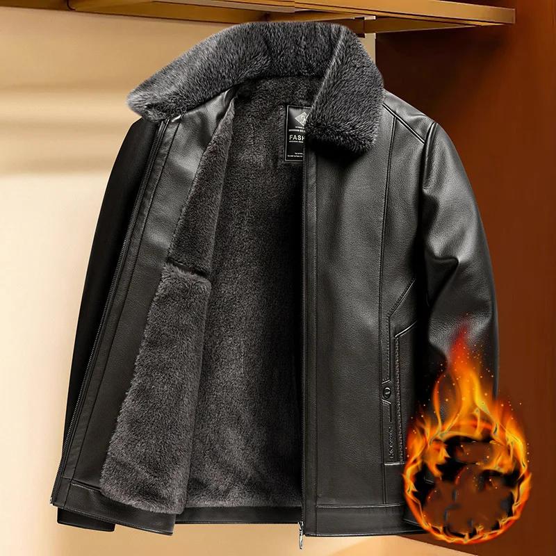 Manteau d'hiver en cuir pour homme, doublure polaire épaisse, coupe-vent, chaud, streetwear, col rab
