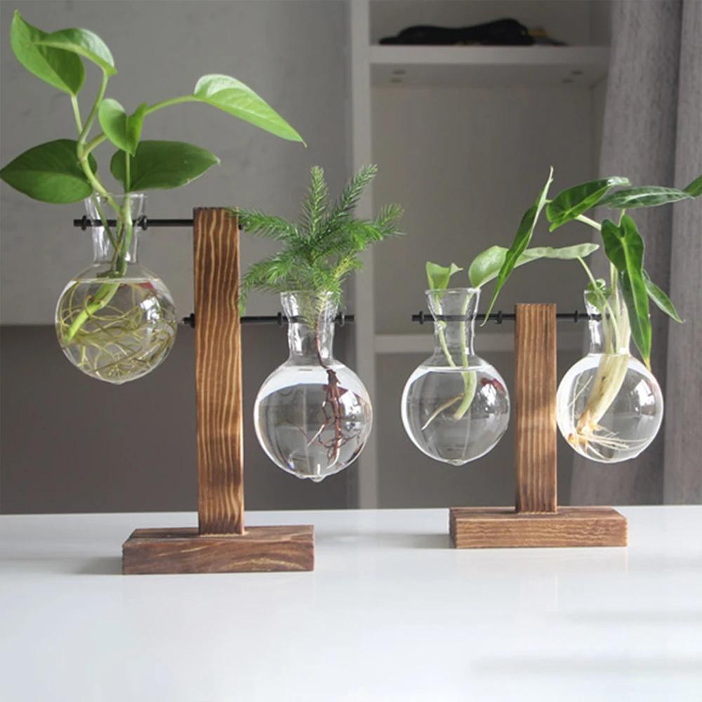 Vase à ampoules de jardinière de bureau en verre créatif, support en bois, conteneur de plantes hydr
