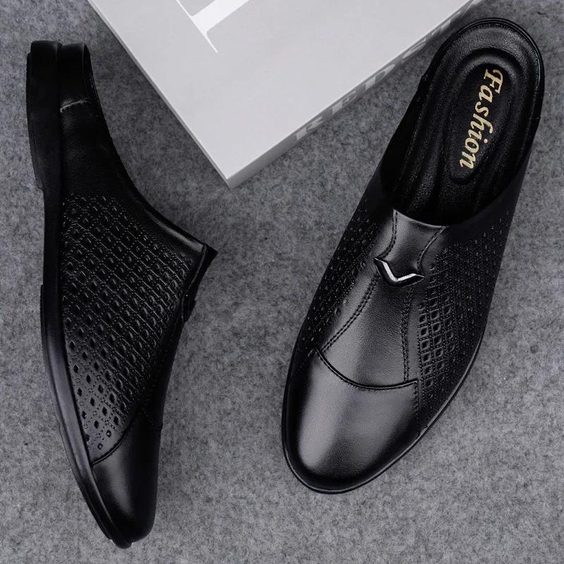Mocassins d'été en cuir pour hommes, chaussures de conduite, mules, tennis, blanc, 2024