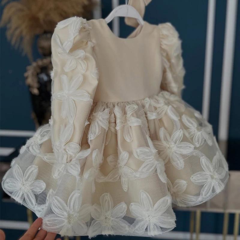 Nouvelle Robe de Princesse en Satin à Manches Longues avec Nœud pour Filles 2026 – Tenue de Cérémoni