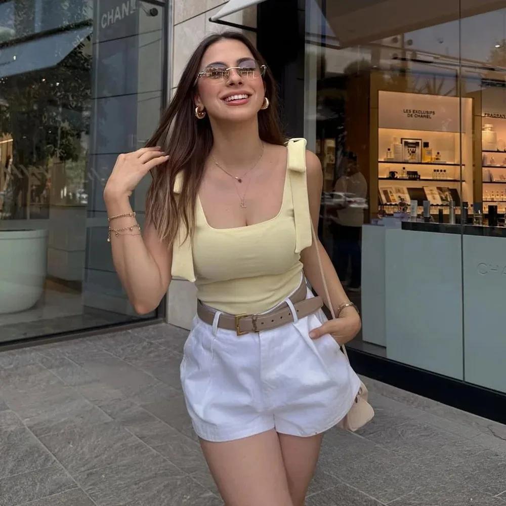 KONDALA Sexy Chic jaune arc hauts femmes fermeture éclair cravate mince court Cami hauts femmes mode