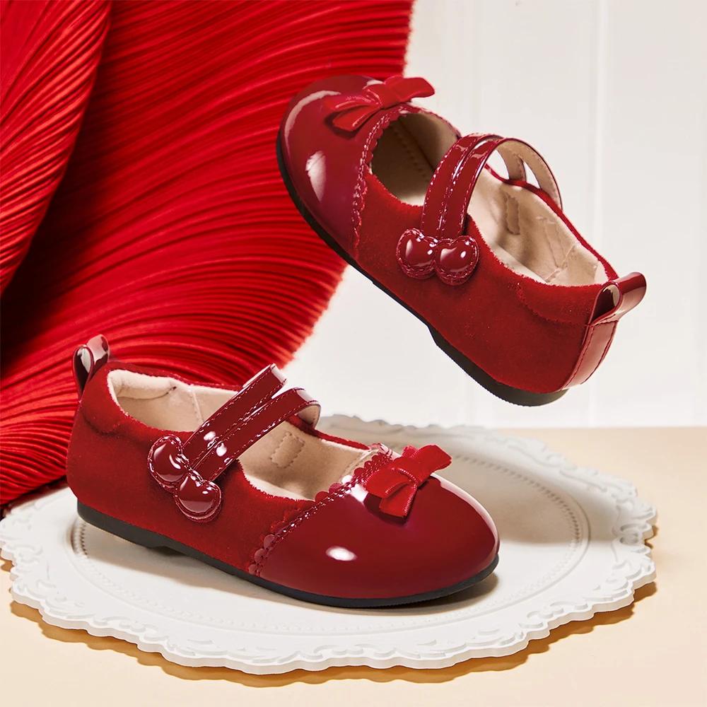 Dave Bella enfants chaussures en cuir automne printemps filles rétro rouge chaussures anti-dérapant 