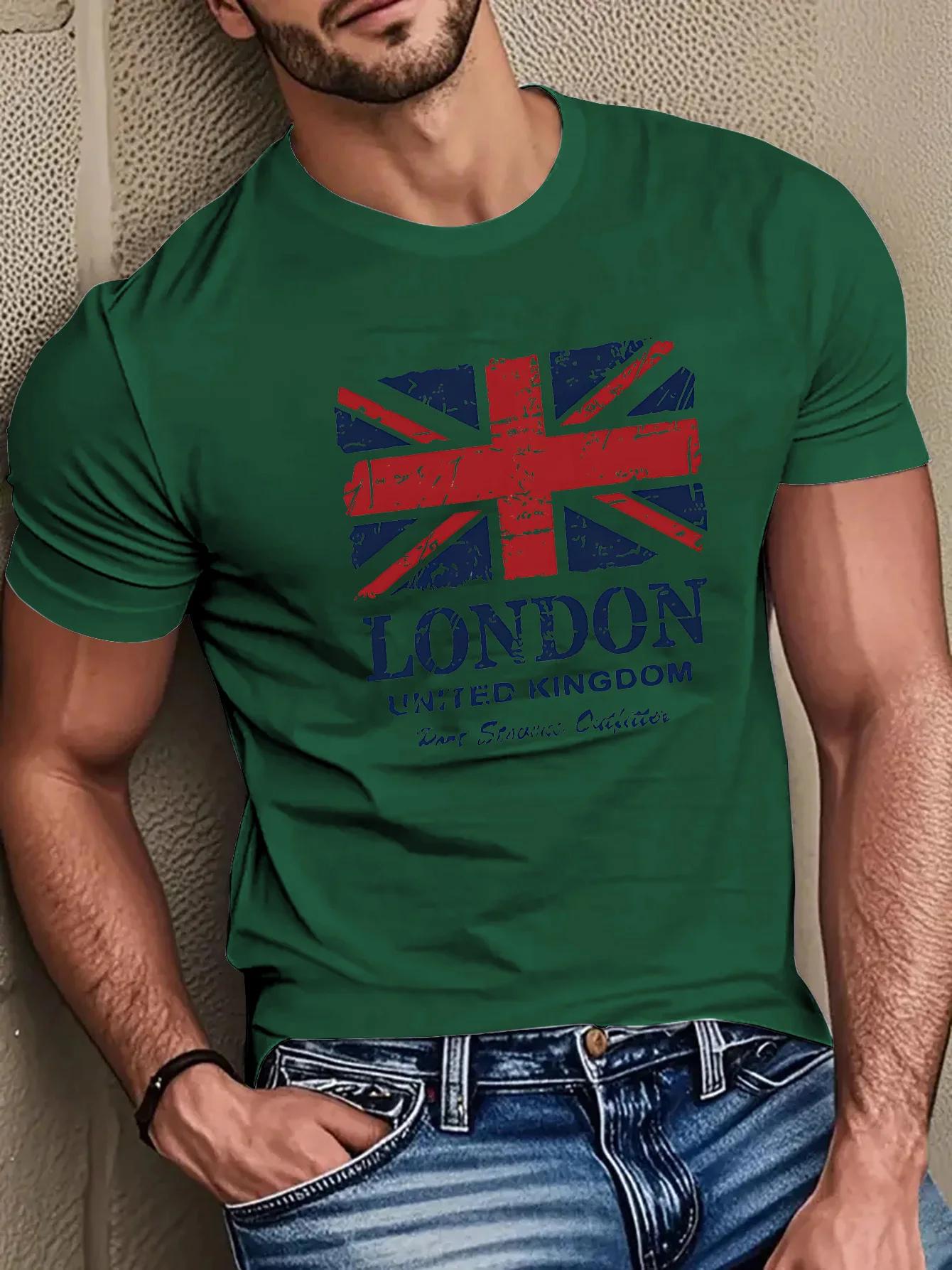 T-shirt à manches courtes pour hommes, 100% pur coton, imprimé drapeau britannique et monuments de L