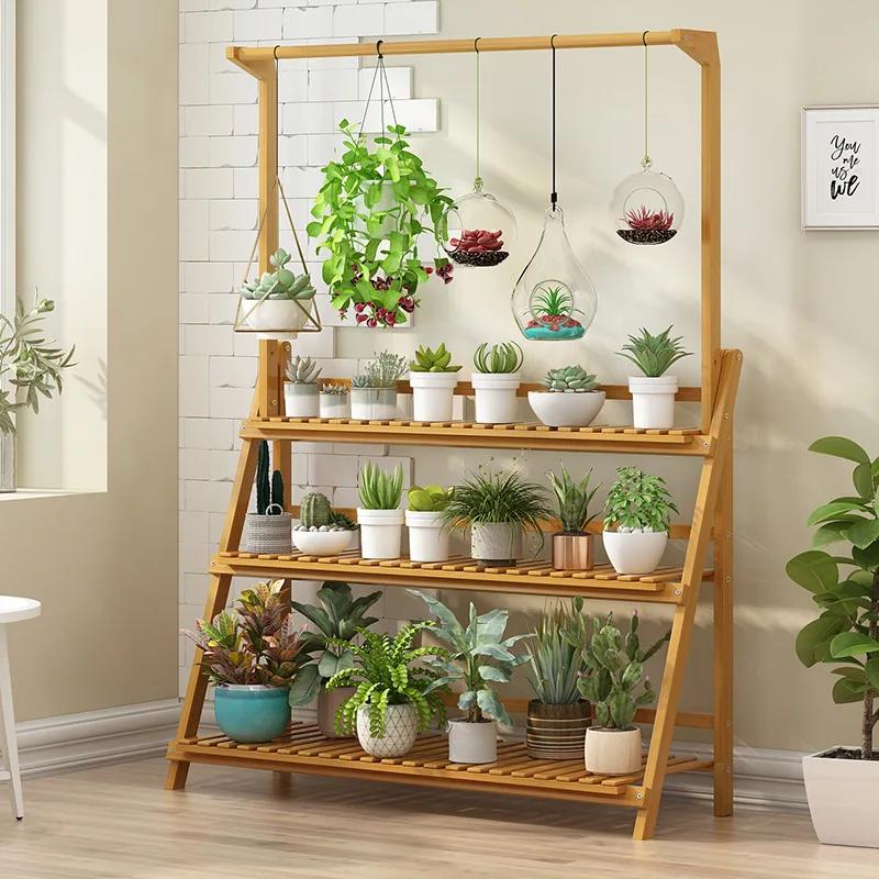 Support pliant pour plantes en bambou, étagère pour pots de fleurs, multi-usage pour serre intérieur