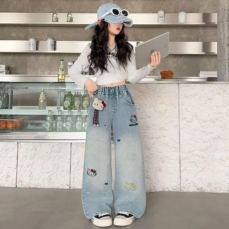 Jeans à jambes larges pour filles, printemps-automne, taille haute, pantalon long, vêtements pour en
