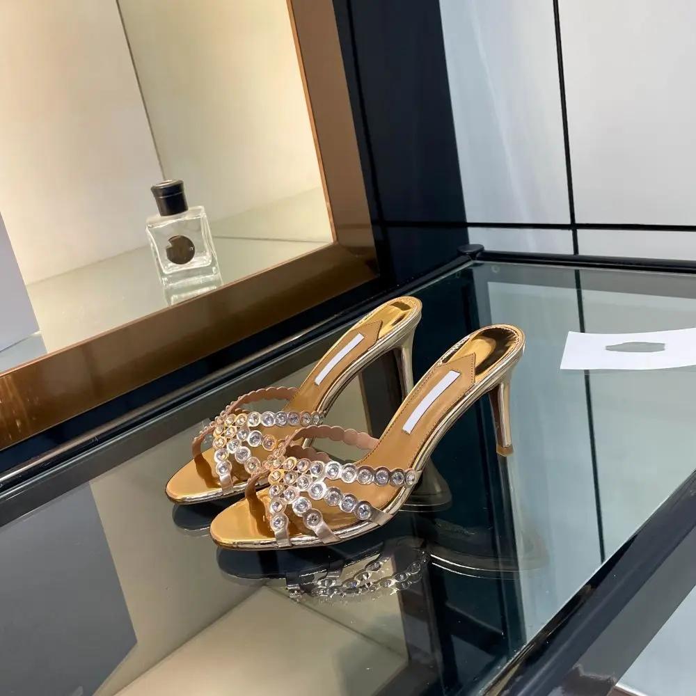 Sandales dorées à talons hauts pour femmes 2026 – Nouveauté mode, mules élégantes en strass et crist