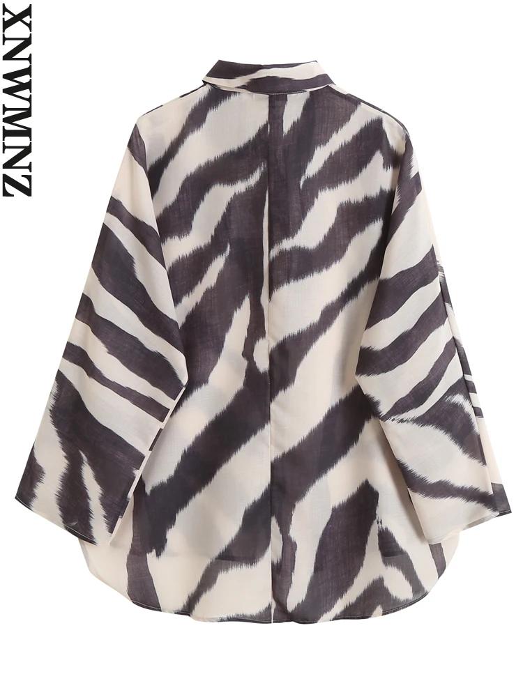 XNWMNZ-Chemise à Manches sulfen Coton et Lin pour Femme, Chemisier Imprimé Zèbre, Décontracté, obser