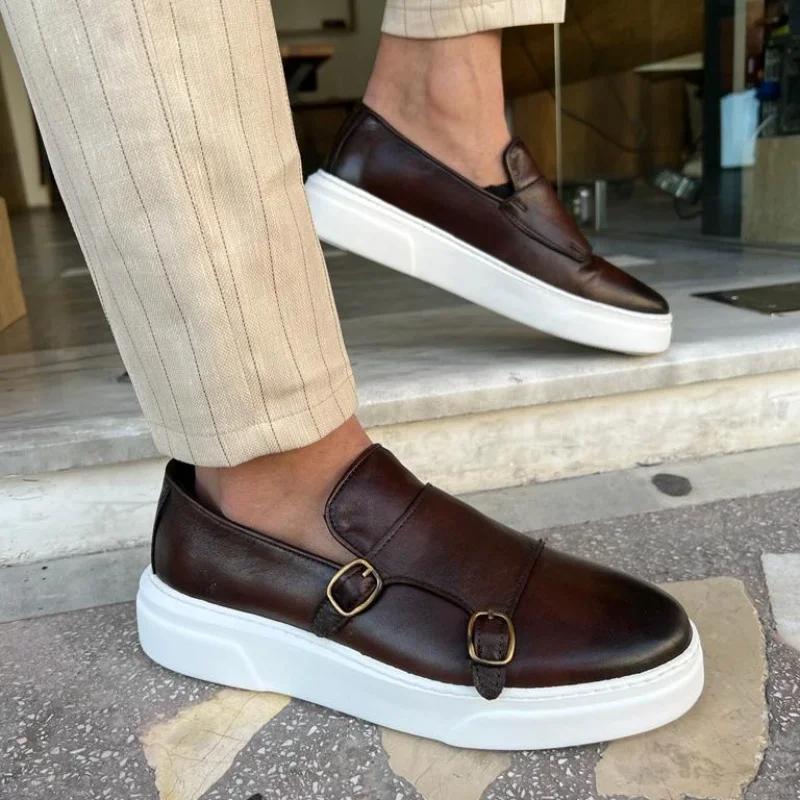 Chaussures de sport à enfiler faites à la main pour hommes, baskets à double structure, noir, marron