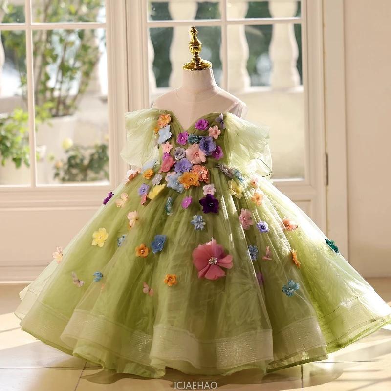 Robe de bal longue pour filles, vêtements floraux verts, robes de princesse d'anniversaire, tenue de