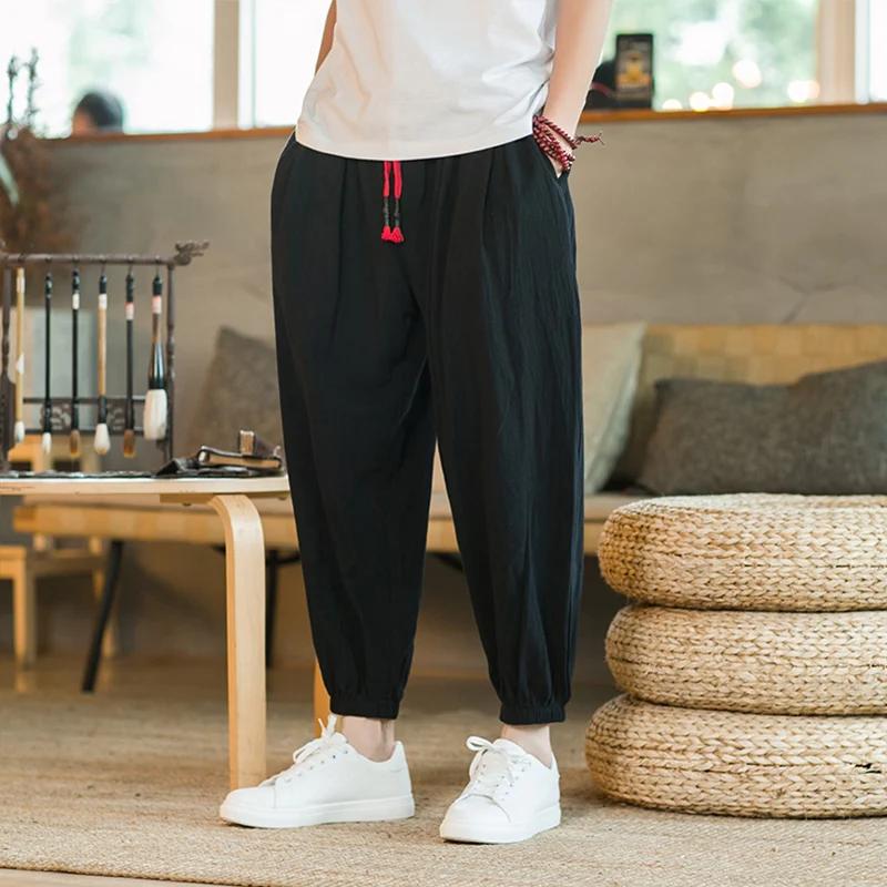 Pantalon décontracté japonais pour homme, en coton et chanvre, coupe ample avec cordon de serrage, s
