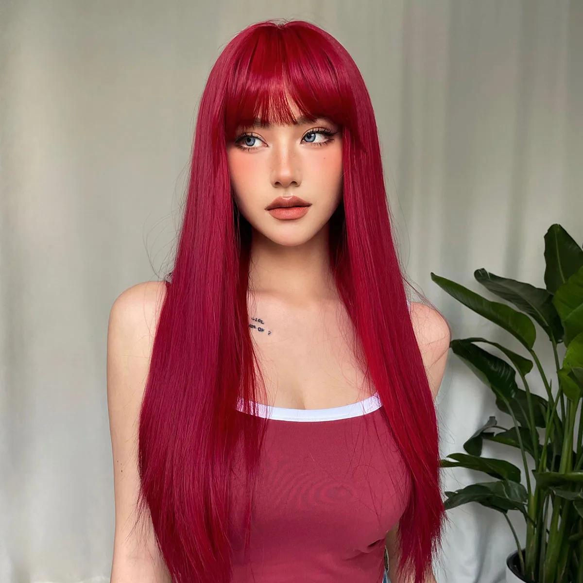 Perruque Synthétique Rouge Vin Clair avec Frange pour Femme, Cheveux Longs et Lisses, Cosplay Nature