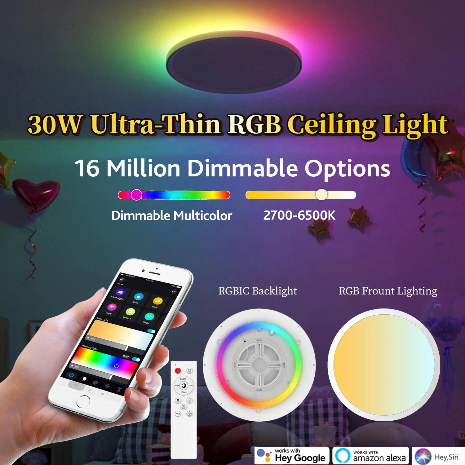 Plafonnier LED Intelligent avec Rétro-Éclairage RGBIC, Télécommande et Télécommande, Compatible avec