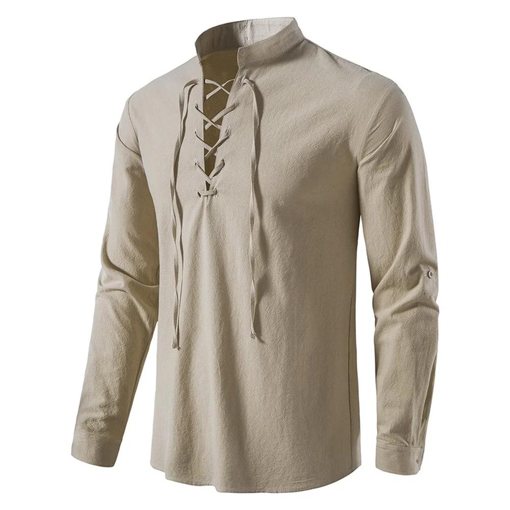 Nouveaux hommes blouse décontractée coton lin chemise hauts à manches longues t-shirt printemps auto