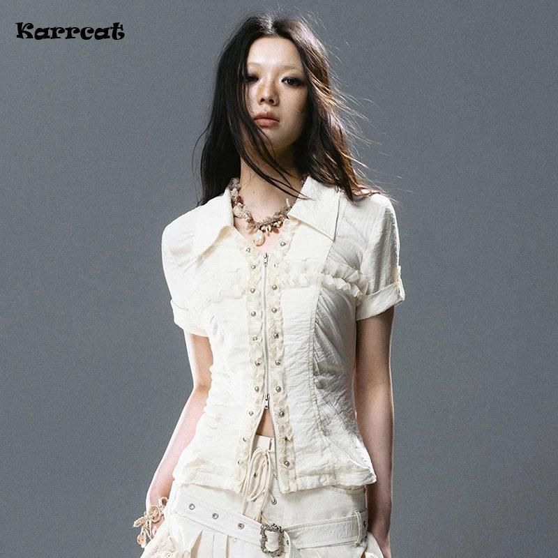 Chemise à lacets croisés Karrcat style grunge, chemisier à rivets Y2K trashy à manches courtes, chem