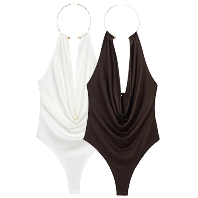 HXAO marron licou body femmes été body pour femmes Sexy épaules nues sans manches string body avec d