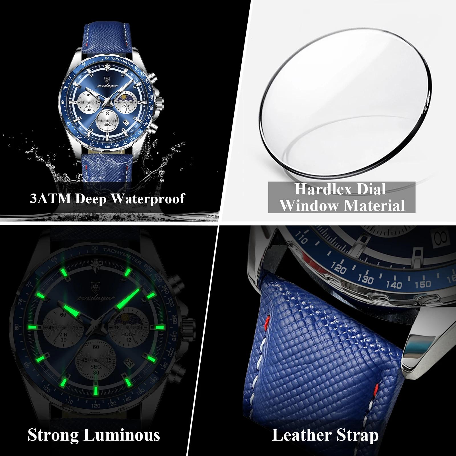 POEDAGAR Original mode hommes horloge lumineux étanche chronographe Date homme montre-bracelet en cu