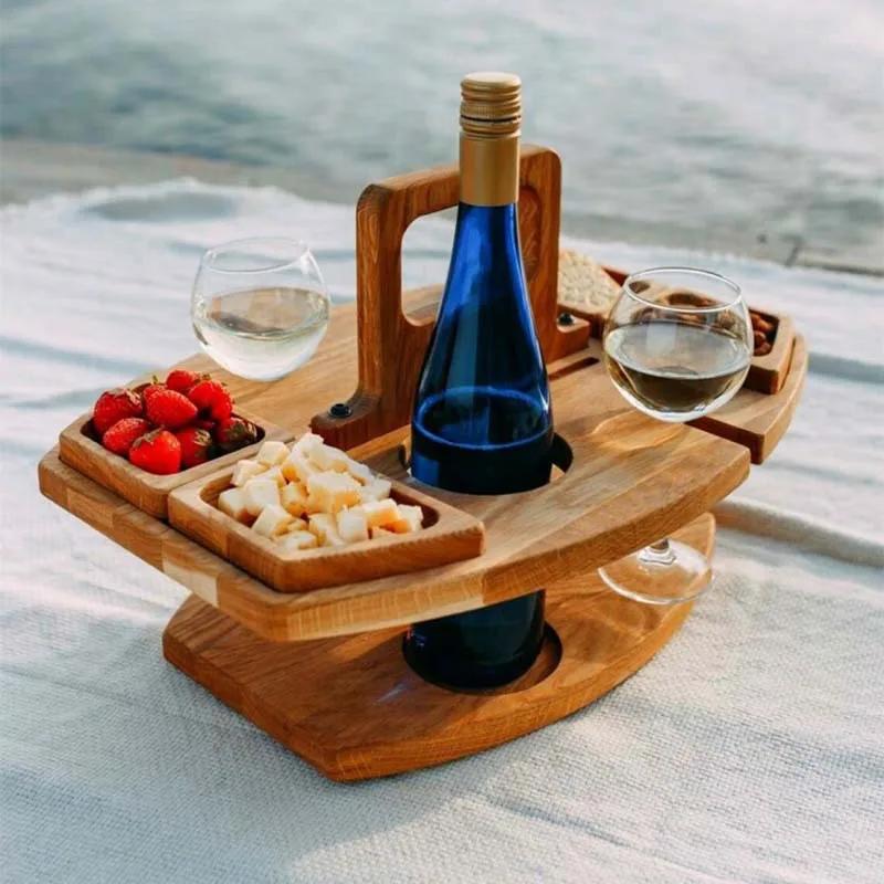 Table de pique-nique pliante en bois avec porte-verre, bureau rond pliable, porte-verre à vin, table