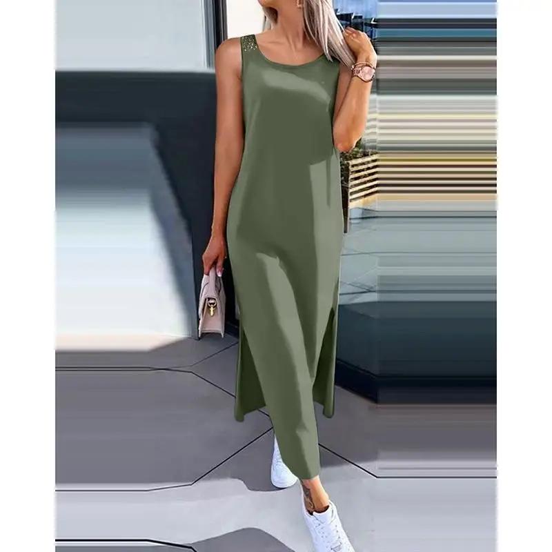 Robe d'été sans manches, ajourée, Sexy, ample, mode, fente unie, robes décontractées, col rond, mi-l