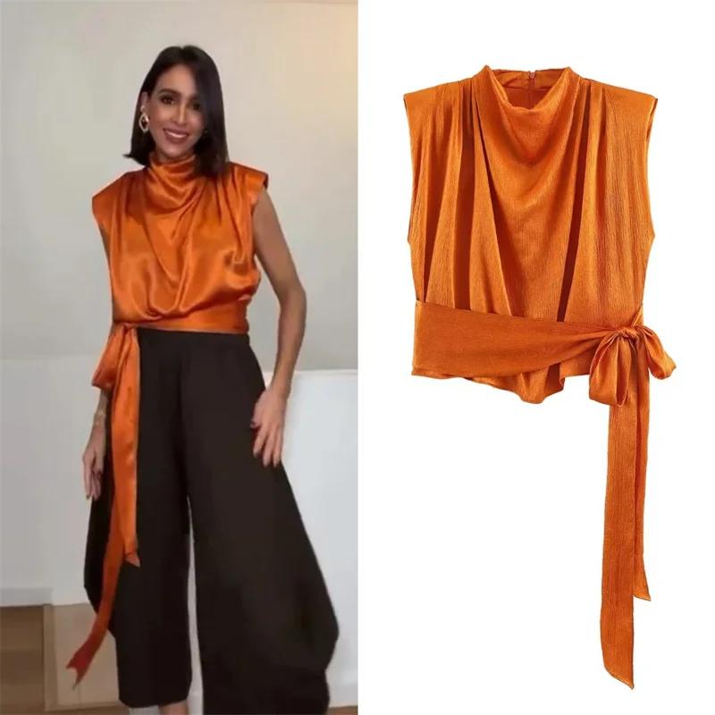 Haut pour femme Nouvelle Collection Printemps 2026 Orange Sans Manches Texture Satinée Longue Tresse