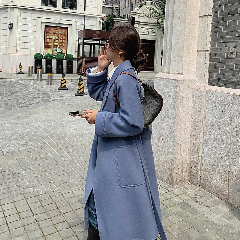 Manteau long en laine véritable 100% à col rabattu, à ceinture, à ouverture sur le devant, en tissu 