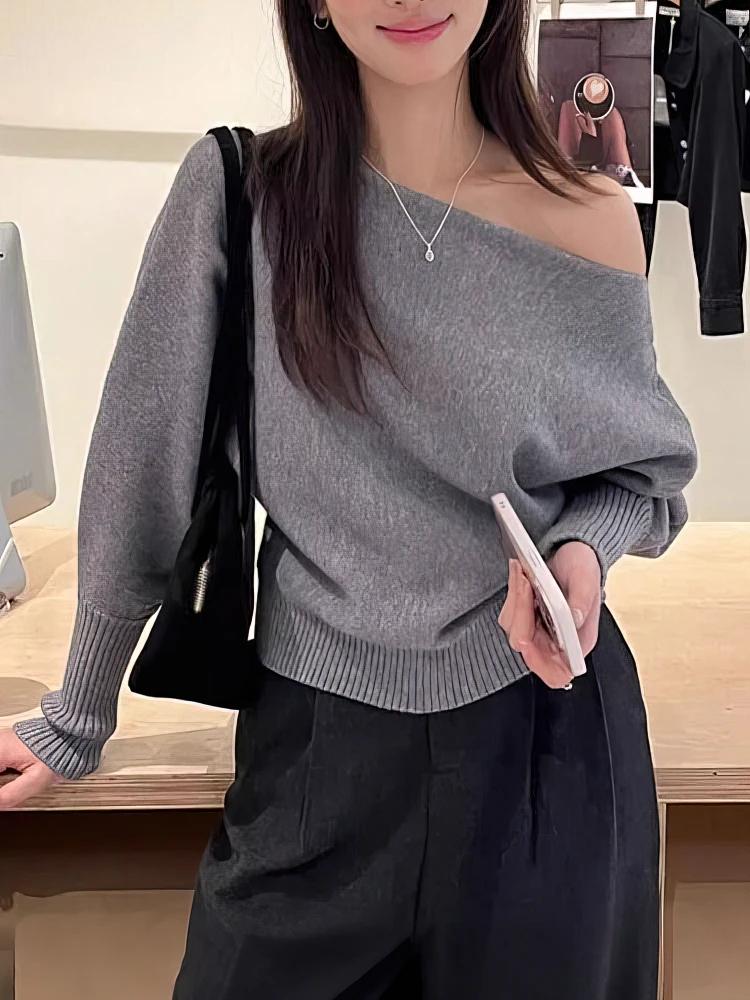 Batwing – Pull tricoté à manches longues pour femme, haut épais à épaules dénudées, mode coréenne, a