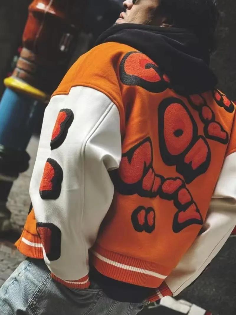 Veste de baseball streetwear pour homme avec manches en cuir PU et broderies, idéale pour le printem