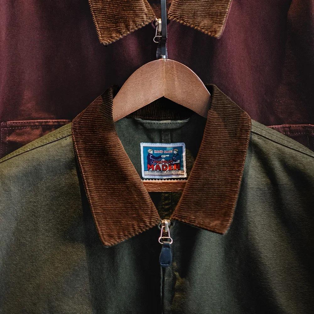 Maden-Veste en toile épaisse rétro pour homme, veste zippée courte avec poches, col en velours côtel