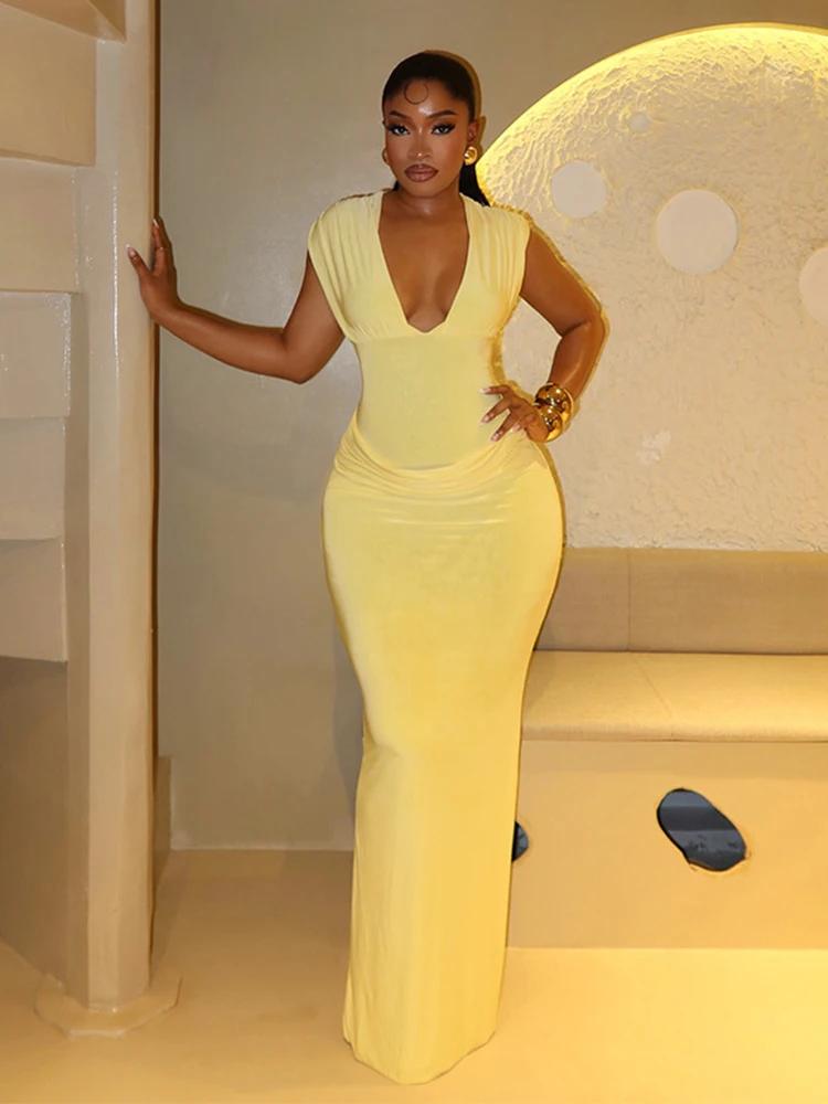 Sexy froncé moulante robe Maxi femmes solide sans manches col en v mince longues robes femme soirée 