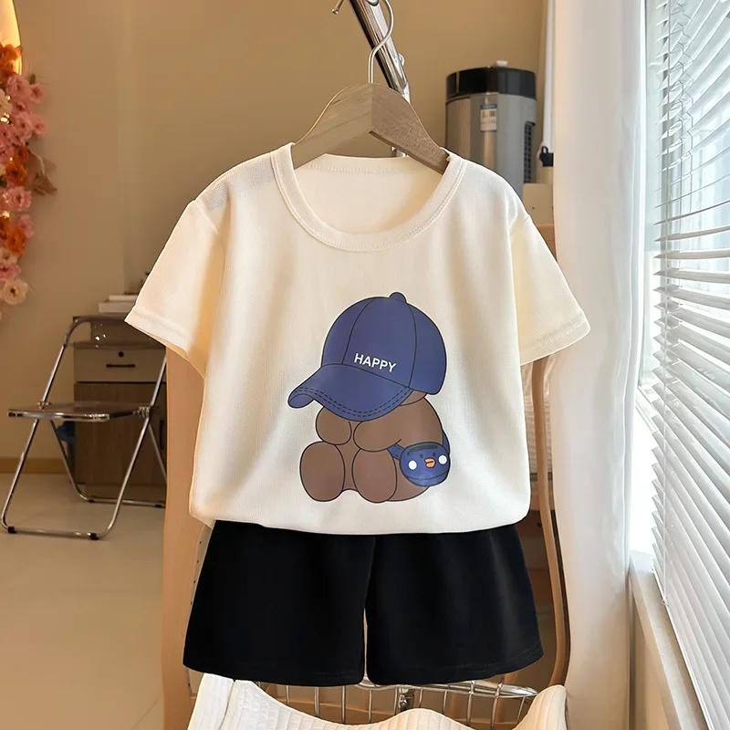 Costumes à manches courtes pour enfants, t-shirts à col rond, shorts pour documents solides, nouveau