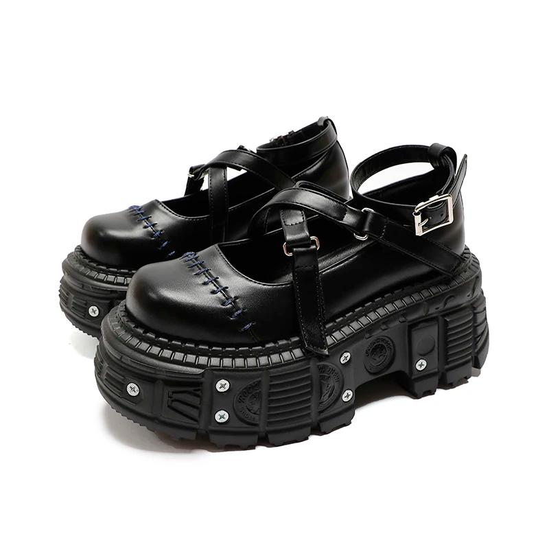 Chaussures à plateforme plate de Style Punk, sangle à boucle à rivets, ceinture croisée Mary Janes, 