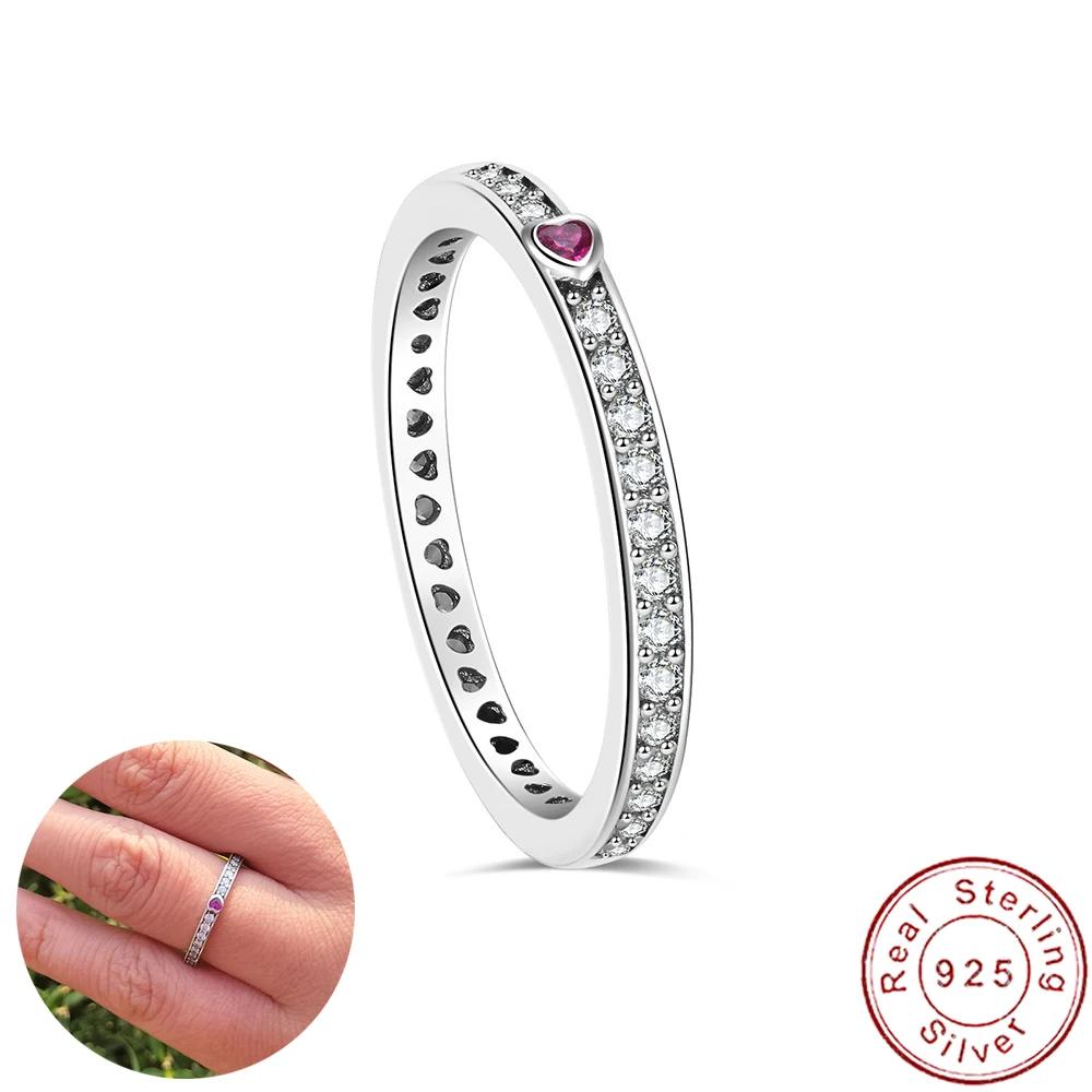Bague européenne scintillante en argent Sterling AAA CZ S925, cœur rouge, pour femmes, fête d'annive