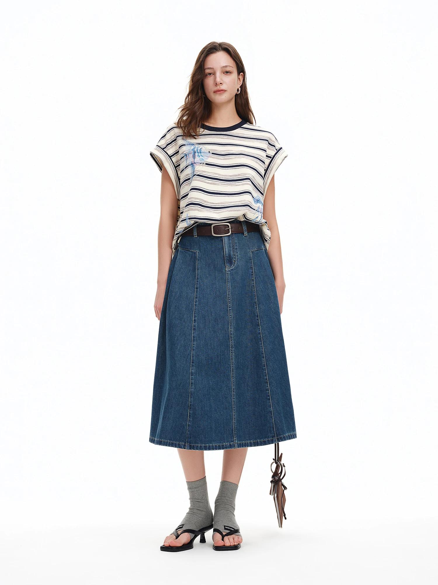 T-shirt DUSHU à manches raglan rayées imprimé océan et strass, col rond, coupe ample et confortable,