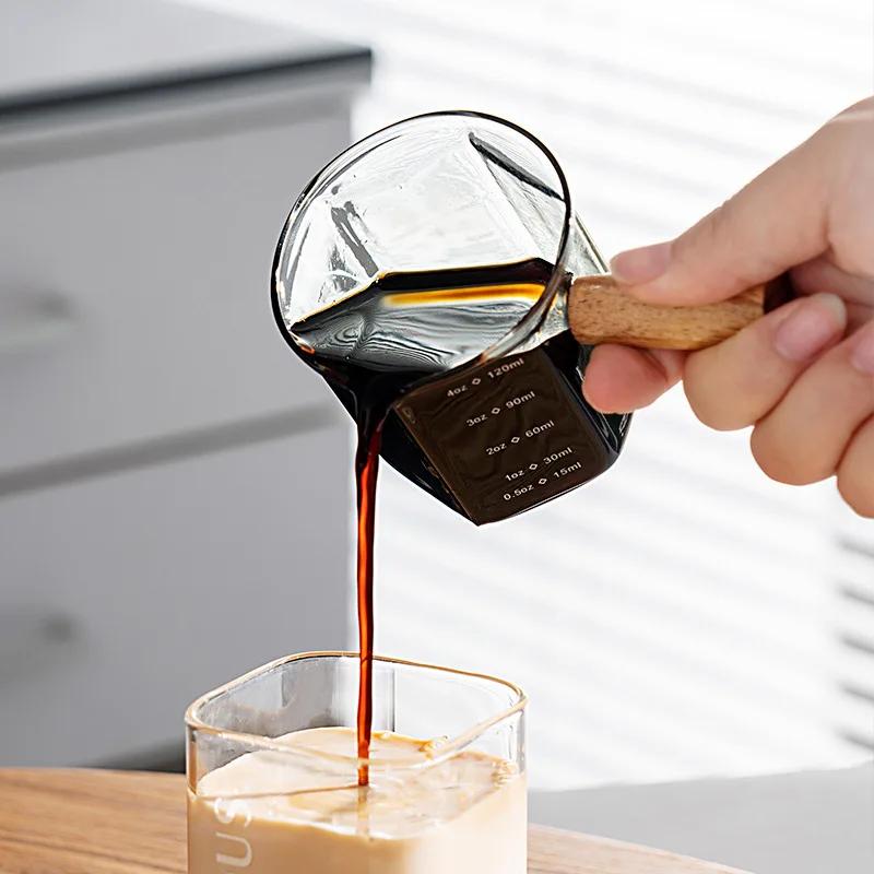 YWDL Tasse à mesurer en verre pour expresso 120 ml avec poignée en bois, carafe à lait hexagonale, a