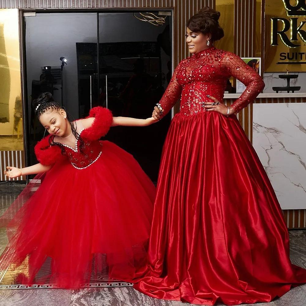 Robe mère et fille rouge de noël, avec perles et cristaux, robes d'anniversaire de luxe pour maman e